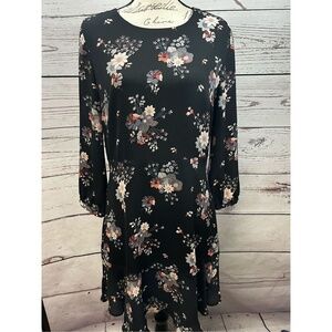 LOFT Petite Floral Print Black Long Sleeve Ruffle Hem‎ Dress Size 12P